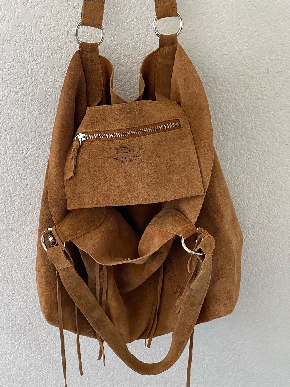 Genuine Suede Leather Tote Bag Brown Fringe Boho Made in India.
